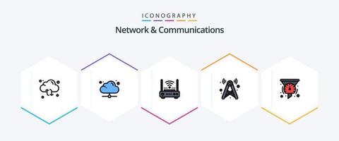 réseau et communications 25 pack d'icônes fillline comprenant le réseau. signal. en ligne. la tour. l'Internet vecteur