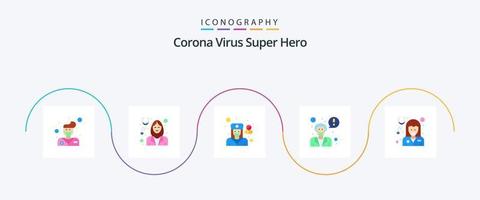 pack d'icônes plat 5 de super héros de virus corona comprenant une femme médecin. soins de santé. santé. fille. demander à un médecin vecteur
