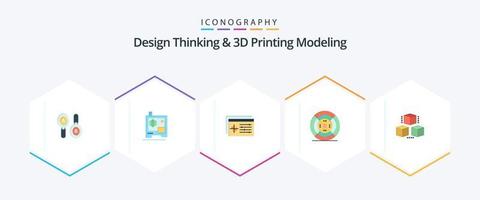 design thinking et d printing modeling 25 pack d'icônes plates comprenant l'informatique. boîte. manette. imprimer. filament vecteur