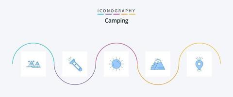 pack d'icônes de camping bleu 5, y compris en plein air. montagnes. camping. été. coucher de soleil vecteur