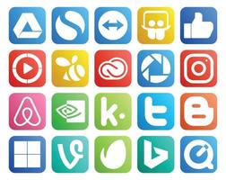pack de 20 icônes de médias sociaux comprenant tweet kik creative cloud nvidia instagram vecteur