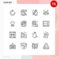 pack de 16 signes et symboles de contours modernes pour les supports d'impression Web tels que les éléments de conception vectoriels modifiables de voyage de chef de cuisine de restaurant vecteur