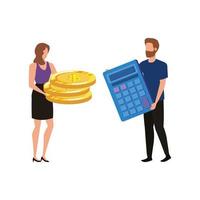 jeune couple avec pièces de monnaie et calculatrice vecteur