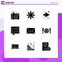 interface mobile glyphe solide ensemble de 9 pictogrammes de dîner message flèche interface données éléments de conception vectoriels modifiables vecteur