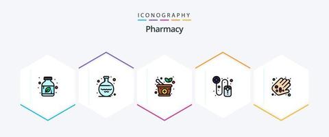 pharmacie 25 pack d'icônes fillline comprenant des pilules. médecine. à base de plantes. main. pharmaceutique vecteur