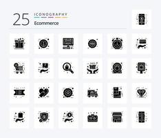 pack d'icônes de glyphe solide de commerce électronique 25, y compris la vente. commerce électronique. pc. horloge. autocollant vecteur