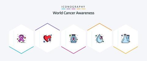 pack d'icônes de 25 lignes remplies de sensibilisation au cancer du monde, y compris l'expérience. cube. médecine. santé. cancer vecteur