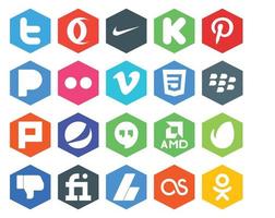 20 pack d'icônes de médias sociaux, y compris n'aiment pas amd vimeo hangouts plurk vecteur