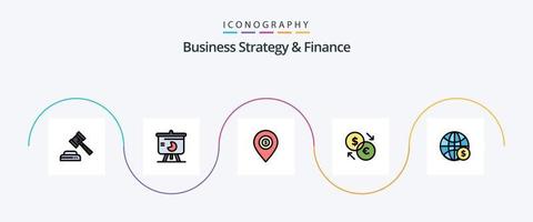 stratégie d'entreprise et ligne de financement remplies de 5 icônes plates, y compris l'euro. échange. emplacement. monnaie. argent vecteur