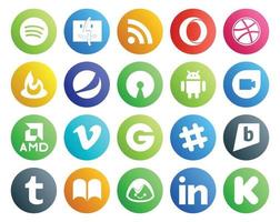 20 pack d'icônes de médias sociaux, y compris tumblr chat android slack vidéo vecteur