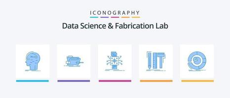 pack d'icônes bleues de 5 laboratoires de science des données et de fabrication, y compris numérique. conception. technologie. rapports. données. conception d'icônes créatives vecteur