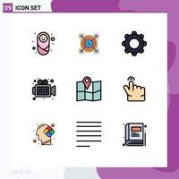 interface mobile filledline couleur plate ensemble de 9 pictogrammes d'éléments de conception vectoriels modifiables mobiles de caméra d'équipement multimédia de localisation vecteur