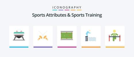 attributs sportifs et pack d'icônes plat 5 d'entraînement sportif, y compris la salle de sport. sport. jeu. piscine. saut. conception d'icônes créatives vecteur