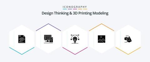 design thinking et d printing modeling pack d'icônes de 25 glyphes, y compris la boîte. éducation. ampoule. image. cadre vecteur