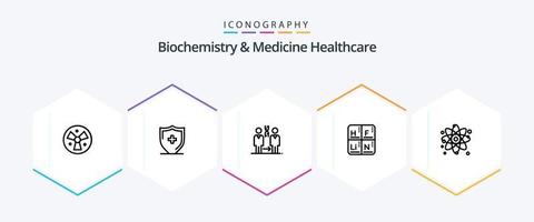 biochimie et médecine pack d'icônes de 25 lignes de soins de santé, y compris l'atome. éléments. ADN. tableau. santé vecteur