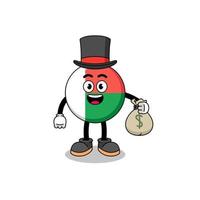 illustration de mascotte drapeau madagascar homme riche tenant un sac d'argent vecteur