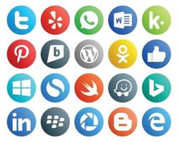 Pack de 20 icônes de médias sociaux, y compris LinkedIn Waze Wordpress Swift Windows vecteur