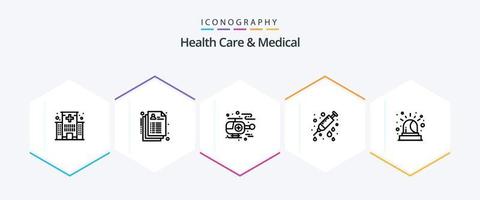 soins de santé et pack d'icônes médicales de 25 lignes, y compris les urgences. aiguille. enregistrer. hôpital. se soucier vecteur