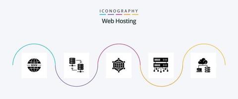 pack d'icônes glyphe 5 d'hébergement Web comprenant un serveur de base de données. l'Internet. baie de serveurs. la toile . données vecteur