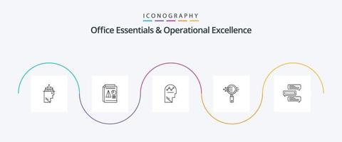 Pack d'icônes Office Essentials et Operational Exellence Line 5 avec zoom. verre. entreprise. recherche. homme vecteur