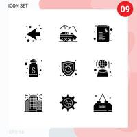 groupe de 9 signes et symboles de glyphes solides pour la sécurité bug commerce bouteille de sucre servir des éléments de conception vectoriels modifiables vecteur