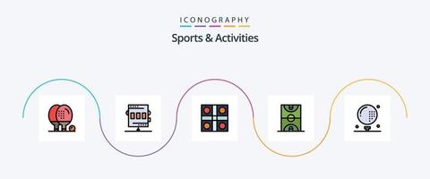 pack d'icônes plat rempli de 5 lignes de sports et d'activités, y compris le terrain. balle. jeu. des sports. planche ludo vecteur