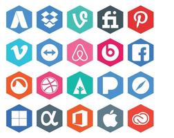 pack de 20 icônes de médias sociaux comprenant de délicieux dribbble safari air bnb pandora vecteur