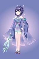 une belle anime girl cheveux violets avec un costume bleu violet apporte l'épée vecteur