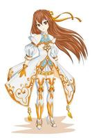 anime fille aux cheveux bruns portant illustration de jeu de personnage de costume en or blanc vecteur