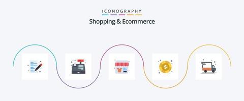 pack d'icônes plat 5 pour le shopping et le commerce électronique, y compris le camion de livraison. argent. vente. dollar. pièce de monnaie vecteur