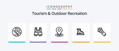 pack d'icônes de la ligne 5 de tourisme et de loisirs de plein air, y compris la hache. broche. banc. carte . pique-nique. conception d'icônes créatives vecteur