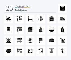 pack d'icônes de 25 glyphes solides de la gare, y compris le billet. bâtiment. former. transport. circulation vecteur