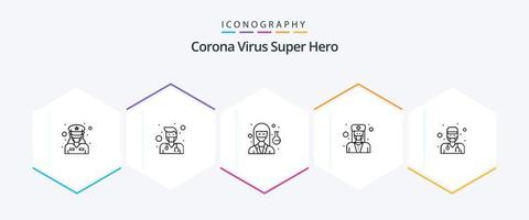 pack d'icônes de 25 lignes de super héros du virus corona, y compris le mâle. docteur covid. médecin. femme. infirmière vecteur