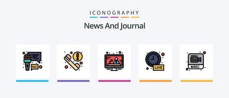 ligne d'actualités remplie de 5 packs d'icônes comprenant des informations. à propos de. diffusion. mise à jour en direct. horloge. conception d'icônes créatives vecteur