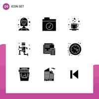 9 concept de glyphe solide pour les sites Web mobiles et applications comptabilité budgétaire audit de café jogging éléments de conception vectoriels modifiables vecteur