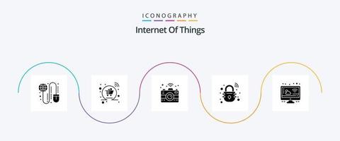 pack d'icônes glyphe 5 de l'internet des objets, y compris nuageux. sécurisé. achats. intelligent. loger vecteur