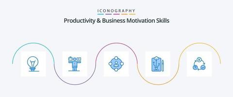 pack d'icônes bleues de 5 compétences de productivité et de motivation commerciale, y compris la réflexion. stratégie. réseaux sociaux. plan. procrastination vecteur