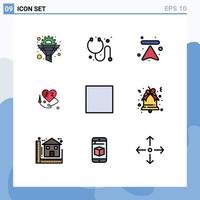 ensemble de pictogrammes de 9 couleurs plates remplies simples de cloche plein écran flèche heartm coeur couture coeur éléments de conception vectoriels modifiables vecteur