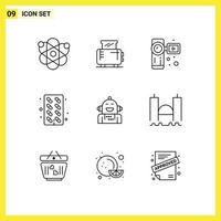 aperçu de l'interface mobile ensemble de 9 pictogrammes d'éléments de conception vectoriels modifiables de capsule de pilules de caméscope de médecine artificielle vecteur