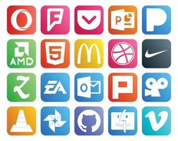 pack de 20 icônes de médias sociaux, y compris vlc plurk dribbble outlook ea vecteur