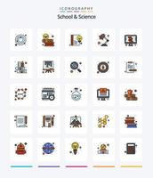 pack d'icônes rempli de 25 lignes d'école créative et de science, tel qu'un dictionnaire. . contenu. lampe d'étude. lampe vecteur