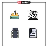 4 symboles universels de couleur plate de ligne remplie de symboles d'antenne de document de tour de boîte de réception correspondant à des éléments de conception vectoriels modifiables vecteur