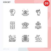 pack de 9 signes et symboles de contours modernes pour les supports d'impression Web tels que l'utilisateur de smartphone de carte exécutant des éléments de conception vectoriels modifiables vecteur
