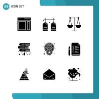 pack de 9 glyphes solides créatifs de livres de droit livre de gaz finance éléments de conception vectoriels modifiables vecteur