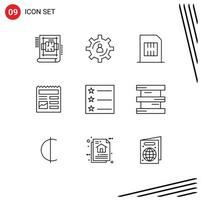 pack de lignes vectorielles modifiables de 9 contours simples d'éléments de conception de vecteur modifiables mobiles de document de productivité de base d'image