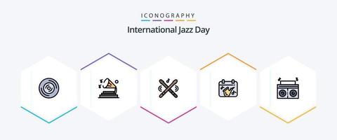 pack d'icônes fillline de la journée internationale du jazz 25, y compris le lecteur. saxophone. tambouriner. jouer. calendrier vecteur