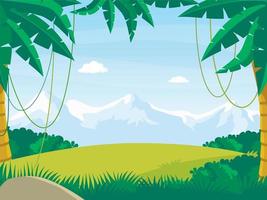 paysage de jungle de dessin animé sur fond de montagnes enneigées vecteur