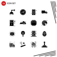 ensemble de pictogrammes de 16 glyphes solides simples d'éléments de conception vectoriels modifiables de transport de charge médicale électrique de montagne vecteur