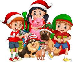 Groupe d'enfants avec leur chien portent le personnage de dessin animé de costume de Noël sur fond blanc vecteur