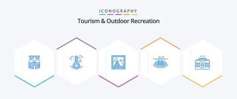 tourisme et loisirs de plein air 25 pack d'icônes bleues, y compris l'appareil photo. hôtel. mise à jour. piscine . photo vecteur